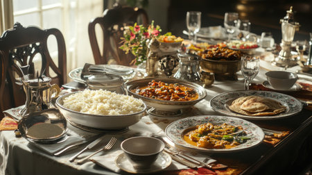 Traditional Indian food spread on a vibrant table setting, including curries, rice, and bread, evoking the warmth and flavor of Indian dining experiencesの素材