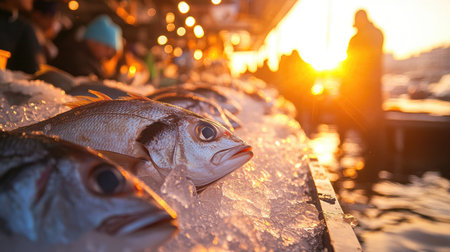 A close-up of fresh fish displayed on ice at a market, with people in the background and a stunning sunset creating a vibrant, golden atmosphereの素材