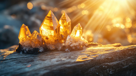 A close-up of sparkling crystals or minerals placed on a wooden surface, bathed in the warm glow of a sunbeam that highlights the rugged beauty of the rocky landscape behind themの素材