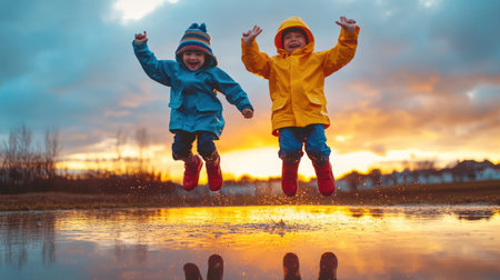 Two happy children in colorful raincoats jump joyfully in a puddle at sunset, capturing the playful spirit of childhood and the magic of rainy daysの素材