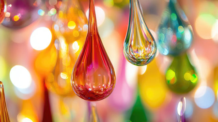 A close-up of colorful glass droplets, reflecting light and adding depth to an abstract composition, set against a blurred, vibrant background for an artistic effectの素材