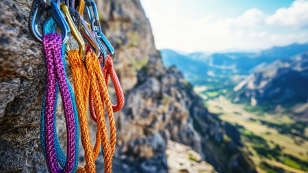 Vibrant climbing quickdraws hang on a rocky summit, overlooking a breathtaking outdoor landscape, perfect for outdoor, sports, and adventure-inspired visualsの素材