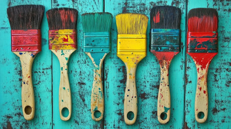 A colorful array of paintbrushes with vibrant paint residues, arranged against a rustic teal wooden backdrop, perfect for creative and artistic themesの素材
