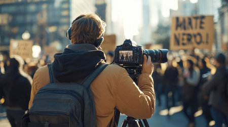 A close-up of a cameraman filming a protest, using a high-quality digital camera on a tripod, documenting the powerful moment in a crowded protest settingの素材