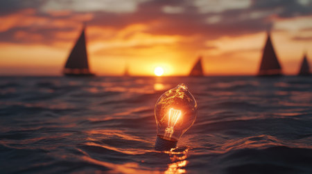A broken lightbulb still glowing, floating in the ocean at sunset, with blurred sailboats in the background, creating a serene yet poignant symbol of fragility and hopeの素材