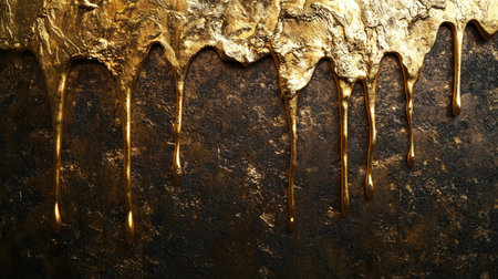 A close-up of golden liquid dripping down a textured surface, with light reflecting off the fluid, creating a glossy and radiant effect that highlights its rich textureの素材