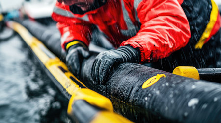 A close-up of a technician in a red jacket working on installing a black submarine cable with yellow markers on a boat, capturing the intricate process of marine cable installationの素材