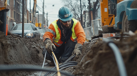 A construction worker in safety gear installs fiber optic cables in a trench during an urban infrastructure development project, capturing the precision of modern construction workの素材