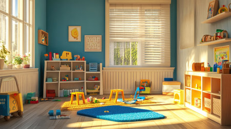 A bright and inviting empty playroom filled with toys, educational materials, and small furniture, bathed in sunlight, ready for the joy and creativity of childrenの素材