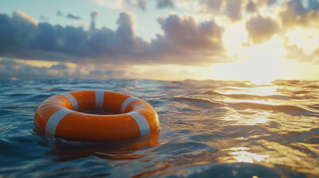 A close-up of a bright orange lifebuoy floating on shimmering water, with a cloudy sky in the background, symbolizing safety and maritime securityの素材