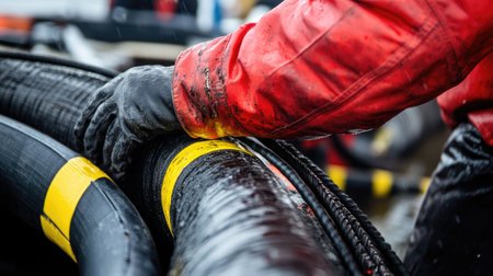 A close-up of a technician in a red jacket working on installing a black submarine cable with yellow markers on a boat, capturing the intricate process of marine cable installationの素材