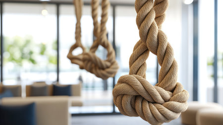 A close-up view of intricately tied knots made of rope hanging in a bright, modern indoor space, with furniture and large windows, capturing the harmony of design and craftsmanshipの素材