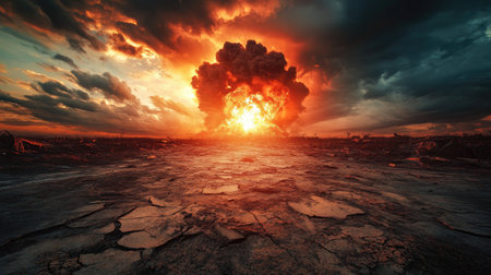 A dramatic post-apocalyptic landscape with ruins, charred earth, and dark skies after a massive nuclear explosion, illustrating a global doomsday scenario with haunting, empty streetsの素材