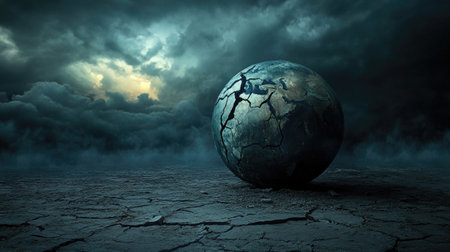 A desolate, cracked earth sphere set against a backdrop of dark, ominous clouds, symbolizing environmental destruction and the looming crisis facing the planetの素材