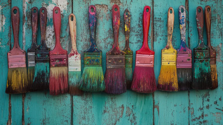 A colorful array of paintbrushes with vibrant paint residues, arranged against a rustic teal wooden backdrop, perfect for creative and artistic themesの素材