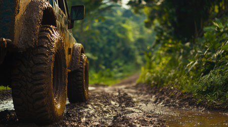 A close-up shot of muddy tires on a rugged vehicle in a lush green forest, with a dirt path leading the way, capturing the spirit of adventure and exploration in natureの素材