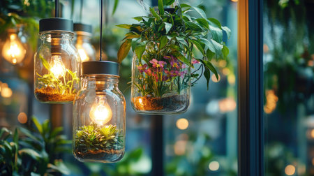 A collection of hanging glass jars with vibrant plants inside, illuminated by glowing light bulbs and soft bokeh lighting, adding warmth and nature to a modern indoor spaceの素材