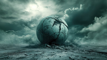 A cracked earth sphere with dramatic, dark clouds overhead, surrounded by a desolate landscape, evoking the gravity of an environmental crisis and apocalyptic imageryの素材