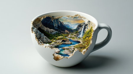 A dreamlike terrain with mountains and rivers crafted inside a plain coffee cupの素材