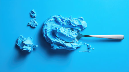 Bright studio shot of blue dessert cream on a floating spoon with soft shadows and vibrant toneの素材