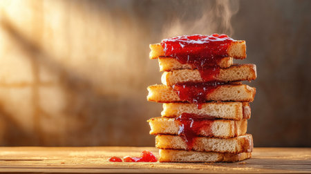 Stack of crispy toast with fruit jam on top, lit by warm soft lighting on tableの素材
