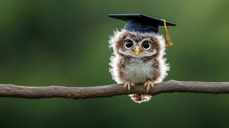 A fluffy baby owl perched on a branch wearing a tiny graduation cap, eyes wide with wisdom and charmの素材