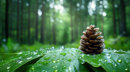 A single pine cone rests on a dew-covered green leaf, framed by soft forest light in the backgroundの素材