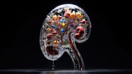 Artistic representation of kidney in 3D, illuminated with scientific accuracy on black canvasの素材