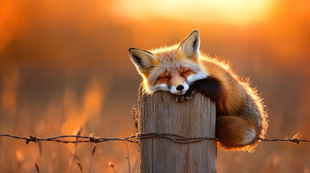 Fox lounging lazily but alert on a fence post, fall breeze ruffling its furの素材