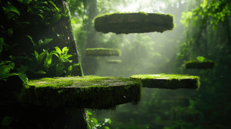 Dreamy forest with thick moss-covered platforms hovering midairの素材