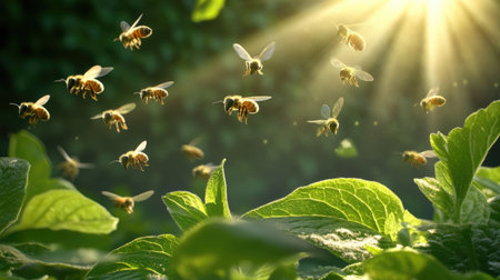 Buzzing swarm captured in sharp focus with soft green nature backdropの素材