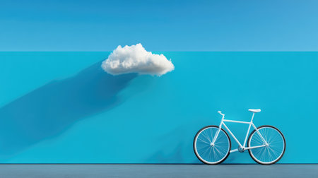 Clean design aesthetic: white bicycle with floating cloud on vibrant blue backdropの素材