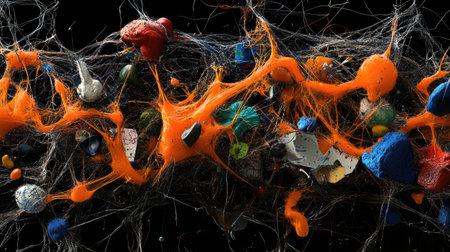 Abstract neuron web in vibrant orange, stretching across dark neural fieldの素材