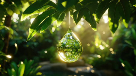 Globe-like water droplet hanging from leaf tip, glowing in morning light to reflect eco-friendly messageの素材