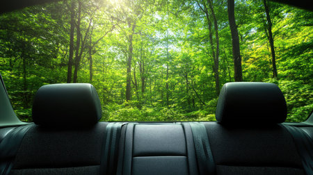 Close-up of buckled seatbelt inside car, vibrant forest visible in backgroundの素材