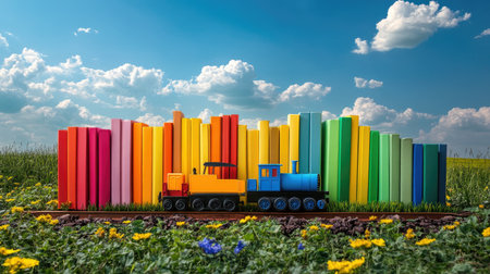 Playful train toy centered on colorful books with a vibrant green field in backgroundの素材