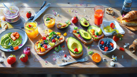 Healthy breakfast setup featuring assorted avocado toast with bright ingredientsの素材