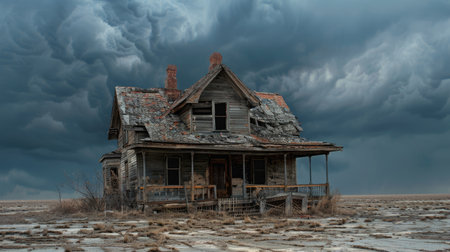 Spooky old abandoned house with decaying walls, eerie vibe on barren landの素材