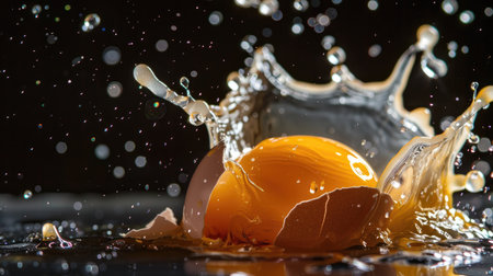 Broken eggshell with vibrant yolk splashing and water droplets, dramatic kitchen sceneの素材