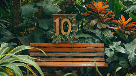 Wooden number 10 framed by heliconia and ti leaves on a garden benchの素材