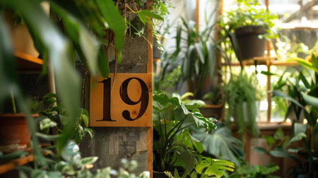 Wooden number 19 surrounded by greenery in a plant-filled sunroomの素材