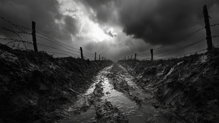 A black and white image of a muddy trench, barbed wire, and a stormy sky, evoking the harsh conditions of a World War I battlefield, filled with historical and emotional depthの素材