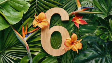 Wooden number 6 surrounded by monstera leaves and bird of paradise bloomsの素材