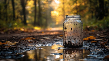 A close-up of a muddy glass jar placed near a small puddle, reflecting the surrounding trees and soft sunlight in a peaceful forest, evoking tranquility and nature balanceの素材