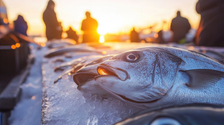 A close-up of fresh fish displayed on ice at a market, with people in the background and a stunning sunset creating a vibrant, golden atmosphereの素材