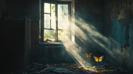 A haunting scene of a dilapidated room, where sunlight filters through the window, illuminating dust and butterflies, evoking a sense of forgotten beautyの素材