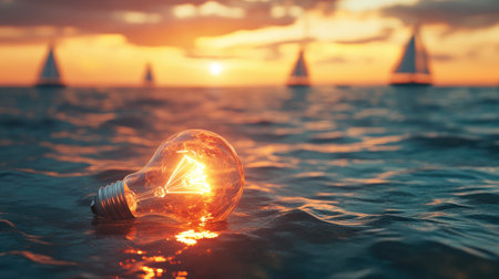 A glowing broken lightbulb floating on the ocean surface at sunset, with sailboats blurred in the background, evoking themes of loss, resilience, and the passage of timeの素材