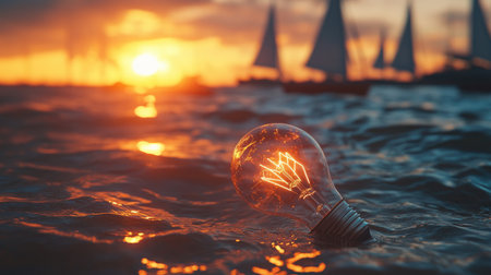 A glowing broken lightbulb floating on the ocean surface at sunset, with sailboats blurred in the background, evoking themes of loss, resilience, and the passage of timeの素材