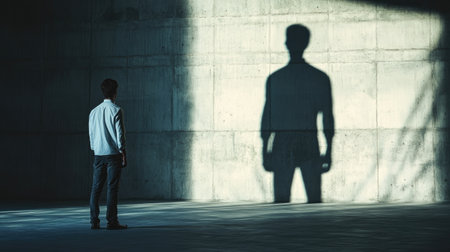 A man gazes at his own large shadow projected on a concrete wall in a dark room, symbolizing self-awareness, alter ego, and personal growthの素材