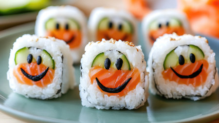 A fun and creative plate of decorated sushi rolls, featuring smiling faces with salmon, cucumber, and rice, ideal for kids' meals and playful culinary designsの素材